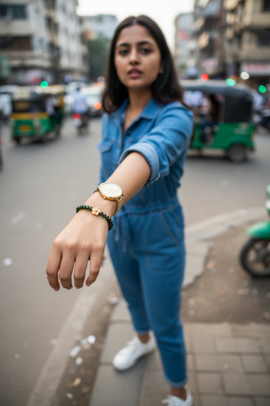 Green bead with Gold Floral bracelet